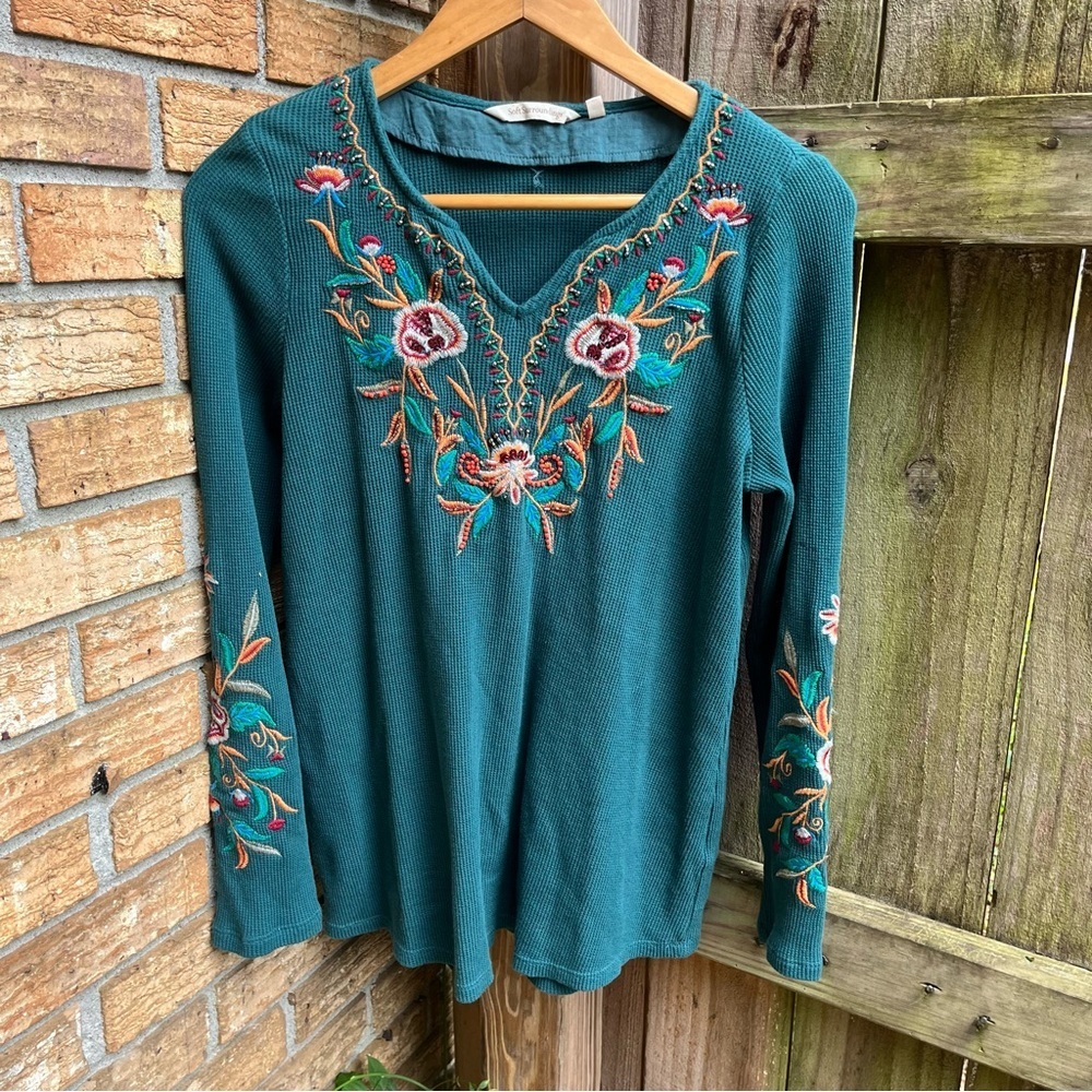 Soft Surroundings Teal Embroidered Floral Blouse - Picture 1 of 5